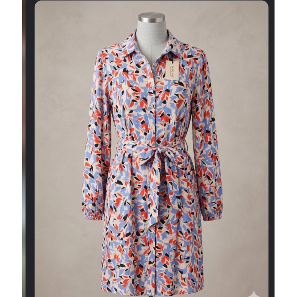 Well Worn Women Blue Red Abstract Floral Leaf Print Belted Shirt Dress Size M